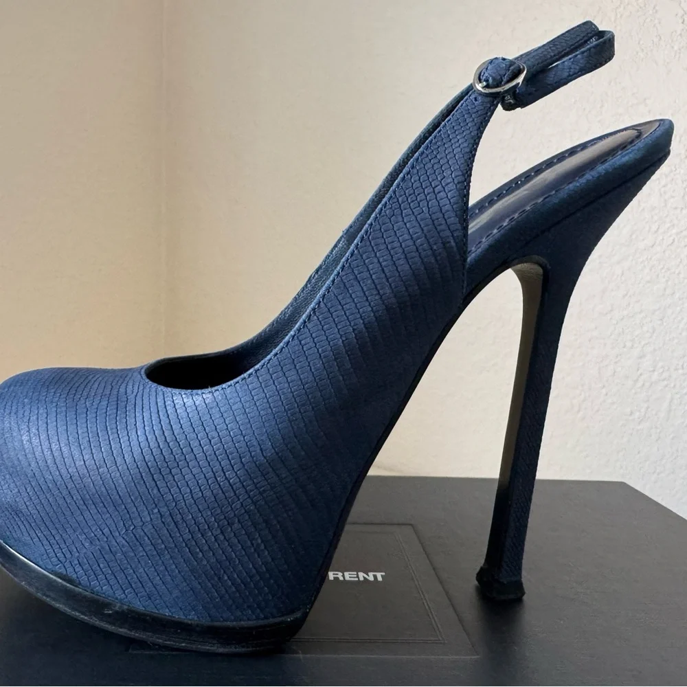 Saint Laurent Navy Blue Suede Tribtoo Slingback Heels 105mm - Picture 4 of 15